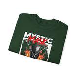 Mystic Mask Flames Graphic Unisex Heavy Blend Crewneck Sweatshirt Hustler Streetwear Motivational Dark Mystery Bold Fire Design