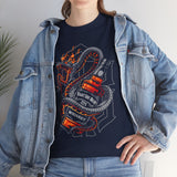 Inferno Spirit Fiery Dragon Whiskey Bottle Unisex Heavy Cotton Tee Bold Biker Streetwear Artistic Snake Flame Design Symbol of Power Energy and Rebellion Graphic Shirt