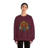 Unisex Mythical Tribal Mask Crewneck Sweatshirt Heavy Blend Pullover Cultural Warrior Spirit Inspired Festival Graphic Art Streetwear Top