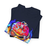 Flaming Pirate Skull Unisex Heavy Cotton Tee Bold Nautical Skull Streetwear T Shirt Fiery Gothic Rebellion Design Perfect For Bikers Gamers Artists And Metal Lovers