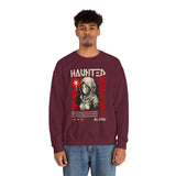 Haunted Warrior Unisex Heavy Blend Crewneck Sweatshirt Graphic Pullover Black Samurai Ninja Fighter Bold Red Streetwear Futuristic Artistic Fashion Outfit