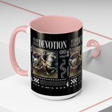 Fearless Devotion Accent Coffee Mug 11oz 15oz Black Ceramic Cup with Warrior on Horse Artwork for Courage Loyalty and Strength Lovers