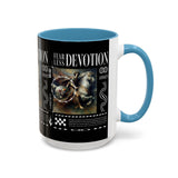 Fearless Devotion Accent Coffee Mug 11oz 15oz Black Ceramic Cup with Warrior on Horse Artwork for Courage Loyalty and Strength Lovers