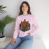 Unisex Mythical Tribal Mask Crewneck Sweatshirt Heavy Blend Pullover Cultural Warrior Spirit Inspired Festival Graphic Art Streetwear Top