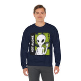 Not Alone Alien Unisex Crewneck Sweatshirt UFO Cartoon Graphic Pullover Extraterrestrial Sci Fi Space Themed Conspiracy Inspired Paranormal Streetwear