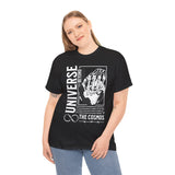 Universe Beyond The Cosmos Unisex Heavy Cotton Tee Graphic Black T Shirt Skeleton Hand Space Infinity Streetwear Futuristic Sci Fi Artistic Fashion Outfit