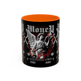 Money Bright Angel Accent Coffee Mug 11oz 15oz Gothic Statue Black Ceramic Cup with Red Flames and Cash Design for Hustlers