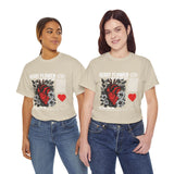 Heart Flower Graphic Unisex Heavy Cotton Tee Comfortable Streetwear T Shirt Bold Red and Black Floral Heart Design Symbol of Love Strength and Vitality Perfect Gift for Friends Birthdays and Casual Everyday Wear