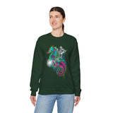 Seahorse Knight Neon Warrior Unisex Heavy Blend Crewneck Sweatshirt Vibrant Cyberpunk Fantasy Streetwear Pullover Futuristic Oceanic Armor Design For Gamers Creators Dreamers And Art Lovers