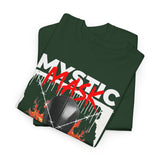 Mystic Mask Flames Graphic Unisex Heavy Cotton Tee Hustler Streetwear Motivational Dark Mystery Bold Design