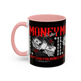 Money Ambition Accent Coffee Mug 11oz 15oz Black Ceramic Cup with Bold Red Typography and Cash Stack Design for Entrepreneurs and Hustlers