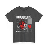 Heart Flower Graphic Unisex Heavy Cotton Tee Comfortable Streetwear T Shirt Bold Red and Black Floral Heart Design Symbol of Love Strength and Vitality Perfect Gift for Friends Birthdays and Casual Everyday Wear