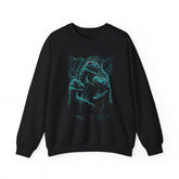 Prehistoric Thunder Unisex Crewneck Sweatshirt Electric Blue Neon Raptor Storm Design Bold Streetwear for Dino Lovers Artists and Urban Dreamers