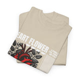 Heart Flower Graphic Unisex Heavy Cotton Tee Comfortable Streetwear T Shirt Bold Red and Black Floral Heart Design Symbol of Love Strength and Vitality Perfect Gift for Friends Birthdays and Casual Everyday Wear