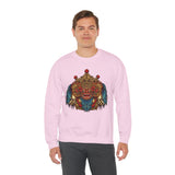 Unisex Mythical Tribal Mask Crewneck Sweatshirt Heavy Blend Pullover Cultural Warrior Spirit Inspired Festival Graphic Art Streetwear Top