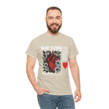 Heart Flower Graphic Unisex Heavy Cotton Tee Comfortable Streetwear T Shirt Bold Red and Black Floral Heart Design Symbol of Love Strength and Vitality Perfect Gift for Friends Birthdays and Casual Everyday Wear