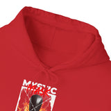 Mystic Mask Flames Graphic Unisex Heavy Blend Hoodie Hustler Streetwear Motivational Dark Mystery Bold Fire Design