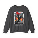 Mystic Mask Flames Graphic Unisex Heavy Blend Crewneck Sweatshirt Hustler Streetwear Motivational Dark Mystery Bold Fire Design