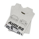 White Mid Engine Sports Coupe Blueprint Artwork Unisex Heavy Cotton Tee High Performance Inspired Streetwear Graphic Shirt For Car Enthusiasts And Automotive Art Fans