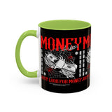 Money Ambition Accent Coffee Mug 11oz 15oz Black Ceramic Cup with Bold Red Typography and Cash Stack Design for Entrepreneurs and Hustlers