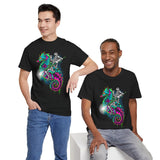 Seahorse Knight Neon Warrior Unisex Heavy Cotton Tee Futuristic Cyberpunk Fantasy Streetwear T Shirt Vibrant Medieval Armor Design Perfect For Gamers Dreamers And Art Lovers