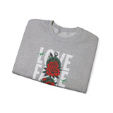Love Fake Friendship Rose Crewneck Comfortable Unisex Sweatshirt Bold Graphic Streetwear Pullover Empowering Artistic Floral Design For Self Expression Perfect Gift For Friends Birthdays Cozy Days Casual Wear