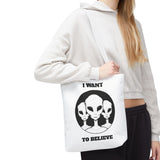 I Want To Believe Alien Tote Bag Sci Fi UFO Extraterrestrial Design Canvas Bag Space Mystery Reusable Eco Friendly Durable Shopping Travel Tote