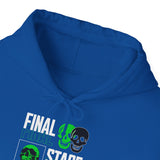 Final Stage Unisex Heavy Blend Hooded Sweatshirt Graphic Hoodie Black Skull Neon Green Streetwear Futuristic Cyberpunk Bold Artistic Fashion Outfit