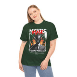 Mystic Mask Flames Graphic Unisex Heavy Cotton Tee Hustler Streetwear Motivational Dark Mystery Bold Design