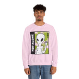 Unisex Not Alone Alien Crewneck Sweatshirt UFO Cartoon Graphic Pullover Extraterrestrial Sci Fi Space Themed Conspiracy Inspired Paranormal Streetwear