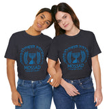Mossad Logo Heritage Emblem Blue Seal Unisex Heavy Cotton Tee Artistic Symbol Cultural Inspired Graphic Design Vintage Style Statement Shirt Travel Gift Everyday Wear