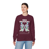 Neo Invaders Futuristic Holographic Graphic Unisex Heavy Blend Crewneck Sweatshirt Sci Fi Cyberpunk Streetwear Bold Statement Pullover
