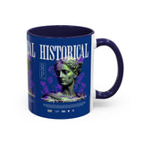 Historical Accent Coffee Mug 11oz 15oz Black Ceramic Cup with Greek Goddess Statue and Purple Floral Design for Art and History Lovers