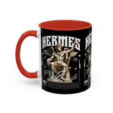 Hermes Accent Coffee Mug 11oz 15oz Black Ceramic Mythology Cup with Greek God Winged Statue Design for History Lovers and Art Enthusiasts