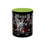 Money Bright Angel Accent Coffee Mug 11oz 15oz Gothic Statue Black Ceramic Cup with Red Flames and Cash Design for Hustlers