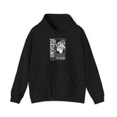 Universe Beyond The Cosmos Unisex Heavy Blend Hooded Sweatshirt Graphic Hoodie Black Skeleton Hand Space Infinity Streetwear Futuristic Sci Fi Artistic Fashion Outfit