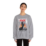 Mystic Mask Flames Graphic Unisex Heavy Blend Crewneck Sweatshirt Hustler Streetwear Motivational Dark Mystery Bold Fire Design