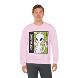 Not Alone Alien Unisex Crewneck Sweatshirt UFO Cartoon Graphic Pullover Extraterrestrial Sci Fi Space Themed Conspiracy Inspired Paranormal Streetwear