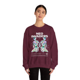 Neo Invaders Futuristic Holographic Graphic Unisex Heavy Blend Crewneck Sweatshirt Sci Fi Cyberpunk Streetwear Bold Statement Pullover