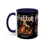 Fighter Accent Coffee Mug 11oz 15oz Black Ceramic Cup with Greek Warrior Statue and Flames Design for Hustlers and Motivated Minds