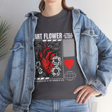 Heart Flower Graphic Unisex Heavy Cotton Tee Comfortable Streetwear T Shirt Bold Red and Black Floral Heart Design Symbol of Love Strength and Vitality Perfect Gift for Friends Birthdays and Casual Everyday Wear