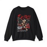 Unisex Heavy Blend Crewneck Sweatshirt Betrayed Angel Destroy Graphic Pullover Black Gothic Streetwear Fire Print Bold Motivational Urban Fashion Outfit