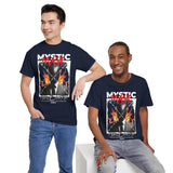 Mystic Mask Flames Graphic Unisex Heavy Cotton Tee Hustler Streetwear Motivational Dark Mystery Bold Design