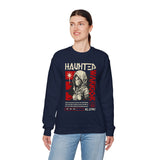 Haunted Warrior Unisex Heavy Blend Crewneck Sweatshirt Graphic Pullover Black Samurai Ninja Fighter Bold Red Streetwear Futuristic Artistic Fashion Outfit