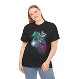 Seahorse Knight Neon Warrior Unisex Heavy Cotton Tee Futuristic Cyberpunk Fantasy Streetwear T Shirt Vibrant Medieval Armor Design Perfect For Gamers Dreamers And Art Lovers