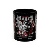 Money Bright Angel Accent Coffee Mug 11oz 15oz Gothic Statue Black Ceramic Cup with Red Flames and Cash Design for Hustlers