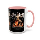Fighter Accent Coffee Mug 11oz 15oz Black Ceramic Cup with Greek Warrior Statue and Flames Design for Hustlers and Motivated Minds