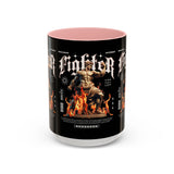 Fighter Accent Coffee Mug 11oz 15oz Black Ceramic Cup with Greek Warrior Statue and Flames Design for Hustlers and Motivated Minds