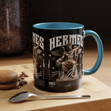 Hermes Accent Coffee Mug 11oz 15oz Black Ceramic Mythology Cup with Greek God Winged Statue Design for History Lovers and Art Enthusiasts