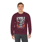 Humble Angel Statue Unisex Heavy Blend Crewneck Sweatshirt Graphic Pullover Streetwear Fire Print Bold Motivational Urban Fashion Outfit